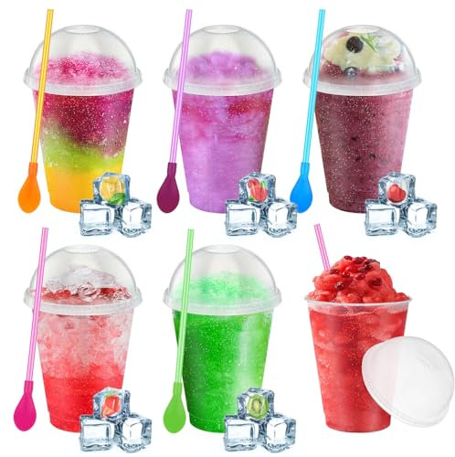 Ninehaoou 6 Set Slushie Cups with Dome Lids and Straws Detachable Spoon Straws Reusable Plastic Iced Coffee Cups Smoothie Tumbler for Birthdays Summer Party Supplies(Transparent White,16 oz)