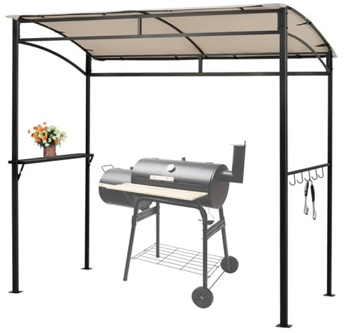 SPOTRAVEL BBQ Grill Gazebo, Outdoor BBQ Shelter with Side Shelf & 5 Hooks, Metal Frame Sunshade Awning Canopy Tent for Garden Patio Backyard (Beige, 216 x 108cm, no Extra Shadow)