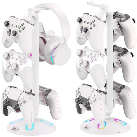 Canmarin Gaming-RGB-Kopfhörerständer, Controller-Halterung mit 9 Lichtmodi, Headset-Ständer mit 2 USB-Ladeanschlüssen und 3,5 mm & Typ-C – Controller-Ständer, Zubehör für Schreibtisch und Gamer (weiß)