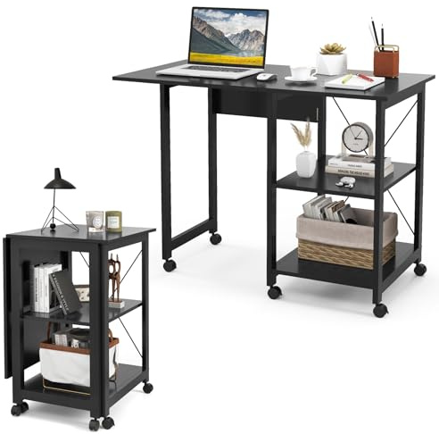 LIFEZEAL Klappbarer Computertisch, Mobiler Bürotisch mit 2 Ablagen & 6 Universalrädern, Schreibtisch Computerarbeitsplatz für Heimbüro, 107,5 x 54 x 77 cm, Schwarz