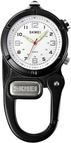 findtime Taschenuhr mit Karabiner Taschenlampe, Karabineruhren mit Clip Unisex Krankenschwester Analog Quarz Uhren Clip On für Kletterer Sport Outdoor Aktivitäten Schwarz