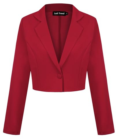LADI TREND Women's Jacket Suit Casual Elegant Cropped Blazer Notched Lapel Business (Red M)