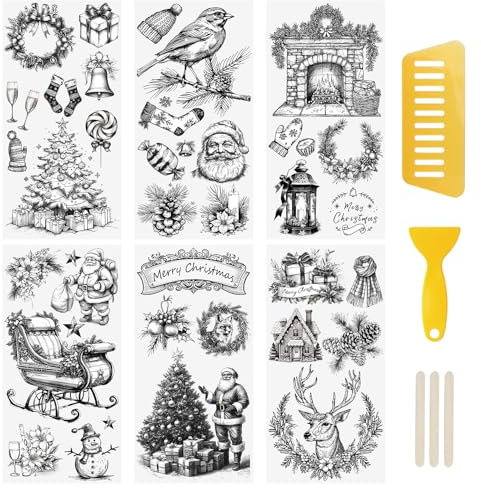 WANDIC 6 Bogen Weihnachtsaufkleber Groß, Schwarz Weiß Vintage Sticker Weihnachten, Möbel Aufkleber, Wasserdicht, Rub on Sticker Weihnachten Dekor für Junk Journal und Scrapbook, 15 x 30 cm