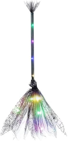 Pesoncarl Wands, Witch Broom, 17.7 Inch Plastic Witches Broomstick with LED Light, Funny Flying Witches Broom with Spider Web Decor for Halloween Cosplay Party Supplies