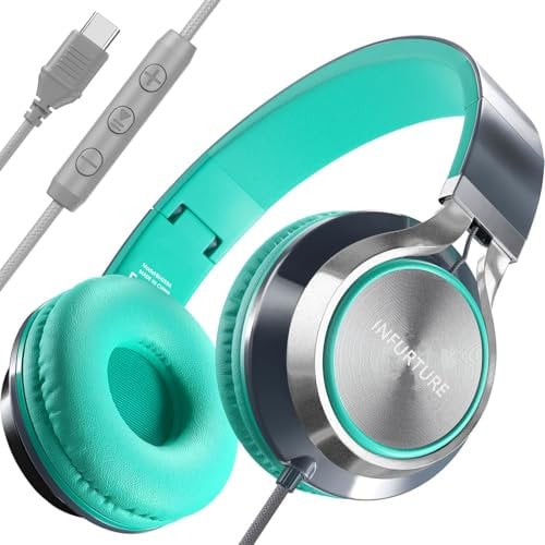 INFURTURE USB C(Type C) Wired Headphones with Mic & Volume Control, Tangle-Free Plaiting Line, Over/On-Ear Headphones, Lightweight Foldable for Smartphone, Tablet,iPhone 16/15 Series(Green-Gray)