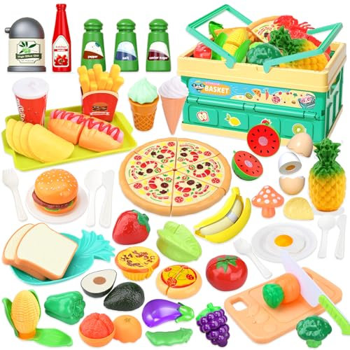 KIMIGO 55 Piezas Cocina Juguete con Comida Juguete,Accesorios Cocina Juguetes,Juego de rol Cocinita Infantil con Comida Juguete Cubiertos Cesta Picnic Niños, Cocina Infantil Cocina de Juguete