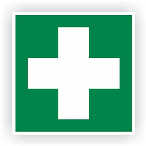 5x Aufkleber “Erste Hilfe” Sticker Zeichen mit UV-Schutzlaminat, 10x10cm, Verbandskasten Sicherheitsaufkleber, Grünes Kreuz Hinweisschild, Rettungszeichen nach ASR A 1.3/BGV A8/DIN 4844