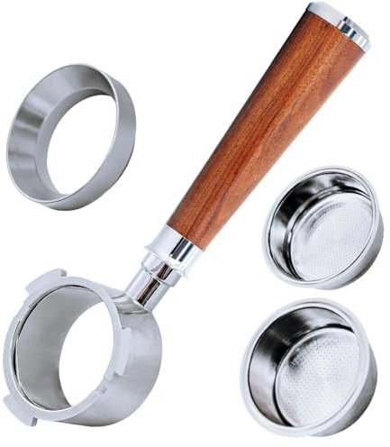 Porte-filtre sans fond 51 mm compatible avec DeLonghi Dedica EC680/EC685/EC785/EC820/EC850/EC860 3 Ears Bottomless Portafilter Porte-filtre en acier inoxydable Poignée en bois acide rouge Accessoire