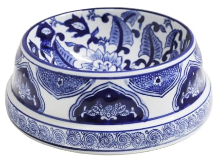 Aimusego Hand-Painted Ceramic Dog Bowl, Pet Bowl, Pretty Blue & White Pet Food Dish, Chinoiserie Floral Water Bowl for Dogs and Cats (Lotus Scrolls, Medium (25OZ))