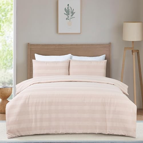 Dreamology Parure de lit double (200 x 200 cm) en polycoton texturé à rayures gaufrées, fermeture à boutons, housse de couette avec 2 taies d'oreiller (rose poudré)