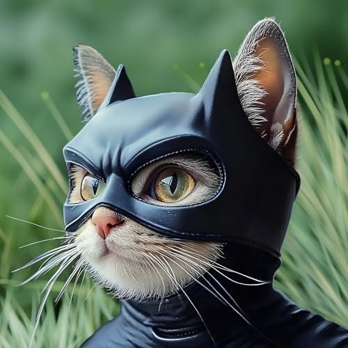 WANHUHOU Katzen-Cosplay-Maske, Batman-Design, Schwarz, Kunstleder, Einstellbare Größe, Passend für Katzen bis 11,8 kg