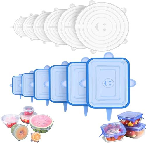 12 Stück Silikondeckel Dehnbar, Verschiedenen Größen Kreis und Rechteck Silikon Deckel, Dichtungsdeckel für Schüsseln, GläSer, Joghurtbecher, Dosen, Transparent Weiß und Blau (N)