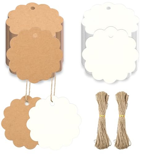 Geschenkanhänger Kraftpapier Etiketten,200 Stück Kraftpapier Anhänger, Runde 6cm Geschenkanhänger zum Beschriften mit Schnur 40M, Hängeetiketten für Geschenkverpackung,Hochzeit,Handmade(Braun Weiß)