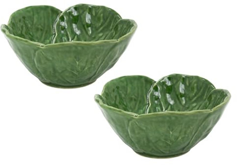Carousel Home Set of 2 Green Leaf Bowls | Ceramic Cabbage Serving Bowls | Perfect for Serving Snacks, Nibbles, or Desserts - 14cm