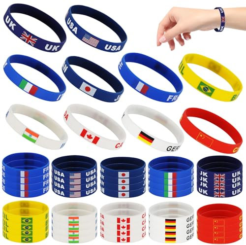 Ruqingg Rubber Bracelets 50Pcs 10 Country Flag Silicone Wristbands National Flag Rubber Band Bracelets Patriotic Wristbands for Events Sport Fans Gifts
