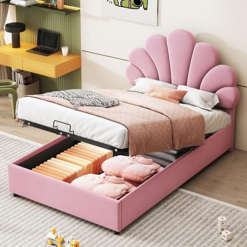 Lit Coffre 90 x 200 cm avec tête de lit Florale et sommier à Lattes,Cadre de lit avec tête de lit réglable en Hauteur et Espace de Rangement hydraulique,Tissu Velours Doux pour la Peau,Rose