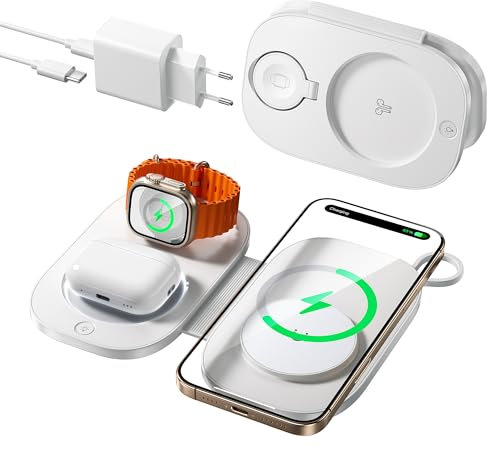 Caricatore Wireless per iPhone con Mag-Safe, 3 in 1 stazione di ricarica per Apple Pieghevole Wireless Charger con LED per iPhone 16 15 14 13 12, Apple Watch 10/9/8/7/6/SE/5/4/3/, per AirPods Pro