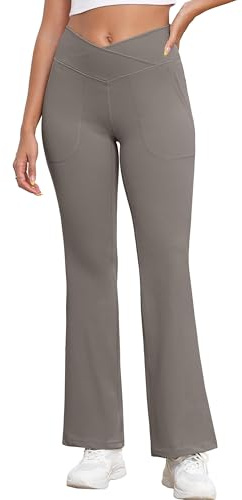 GRECERELLE Damen Weite Hose Yogahose Crossover Hohe Taille Jogginghose Stoffhose mit Taschen Elegant Straighthose Bauchkontrolle Schlaghose Sporthose für Gym Sport