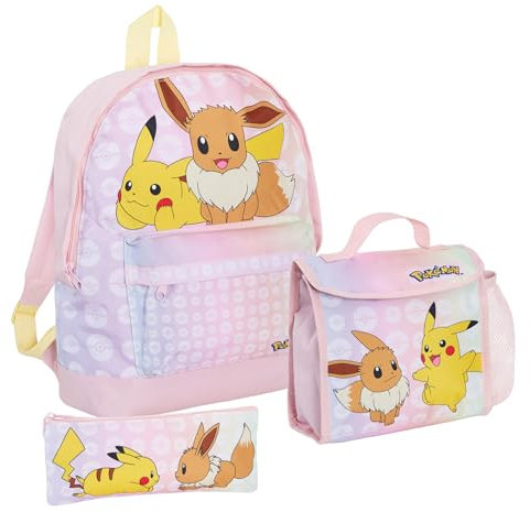 Mädchen Pokemon Rucksack + Lunchtasche + Federmäppchen 3-teiliges Pikachu & Eevee College Schulranzen Set, rose, Rucksack