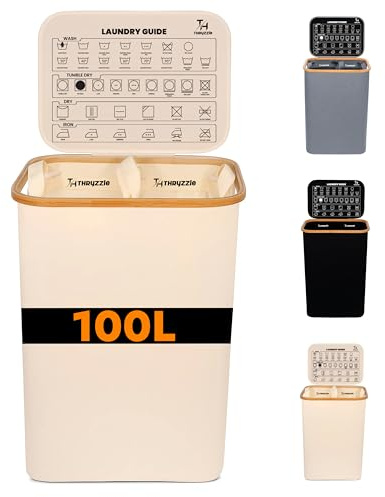 THRYZZLE Laundry Basket with Lid - 100L Large Slim Wash Baskets Laundry Storage Bin for Bedroom, Bathroom Corner & Dorm - Collapsible Laundry Hamper with Dirty Clothes Bag - Beige