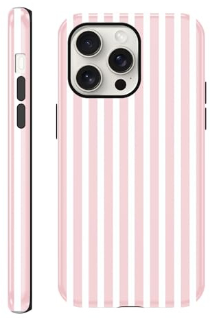 Yirlbey 2 in 1 Été Coque pour iPhone 15 Pro 6,1, Aesthetic Rose Blanc Stripes Striped Motif Dessin Étui Brillant Silicone Fine TPU pour Femmes Filles Antichoc Housse Protection Cover, Bumper Case