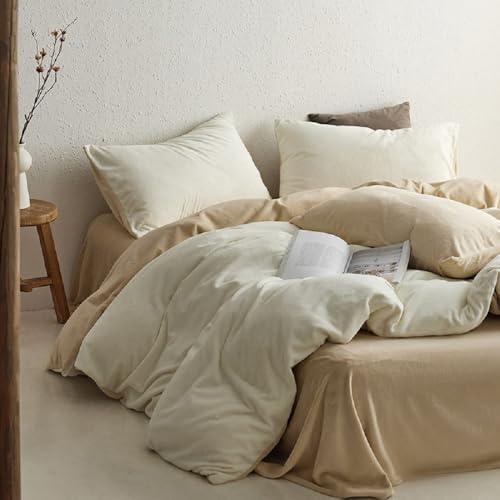 Lanqinglv Plüsch Bettwäsche 155x220 Flauschig Winterbettwäsche aus Biber Flanell,Warme Cashmere Touch ÖKO-TEX Bettwäsche Set Weiß Beige Bettbezug mit Reißverschluss und 1 Kissenbezug 80x80