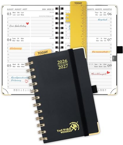 POPRUN Taschenkalender 2026 2027 Spiralbuch mit Hardcover ca.A6(10x15,6cm) | 17-Monate-Terminplaner,(Aug.2026-Dez.2027),Kalender 2026 2027,Wochenplaner mit Vergoldete Schutzecken(Schwarz)