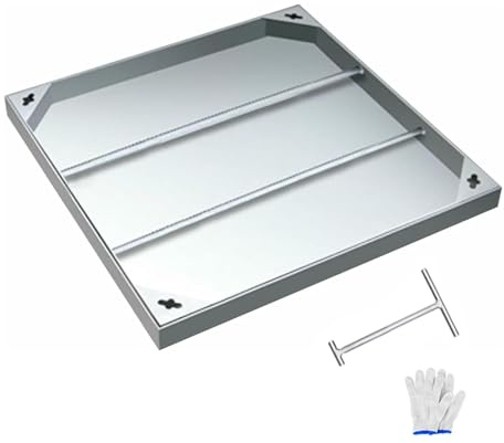 Unsichtbare Klärgrubenabdeckung aus Edelstahl mit Haken und Handschuhen, 50 x 50 x 5 cm, robuster Ablaufdeckel, Zugangsabdeckung für Abwassermanagement, 2,6 t Tragkraft