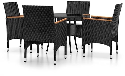 Mhdvray Ensemble de Salle à Manger de Jardin 5 Pièces, Salon de Jardin en Résine Tressée Noir avec Table Ronde en Verre Trempé Ø 80 cm et 4 Chaises avec Coussins pour Terrasse et Balcon