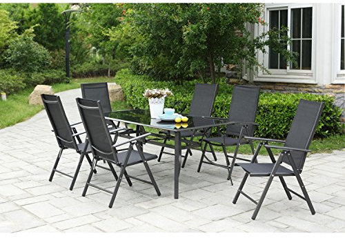 CONCEPT USINE - Salon de Jardin Aluminium - Ensemble Mobilier d'Extérieur : Table Rectangulaire Plateau en Verre + 6 Chaises Pliables et Inclinables - Gris - Design Rimini - Robuste Résiste à l'eau