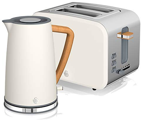Swan Nordic Cotton White Kitchen Set with 1.7 Litre Kettle and 2 Slice Toaster, Wood Effect and Soft Touch Matte Finish, Stainless Steel, STP2090WHTN