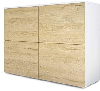 Vladon Sideboard Rova, Made in Germany, Kommode mit 4 Türen, Weiß matt/Eiche Natur (92 x 72 x 35 cm)