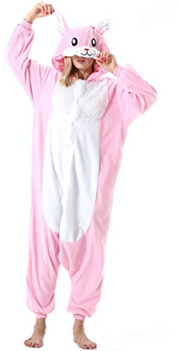 ULEEMARK Adulte Femme Homme Anime Animal Cosplay Halloween Costume Combinaison Pyjama Outfit Nuit Vetements Onesie Soiree de Deguisements Unisexe Rose Lapin L