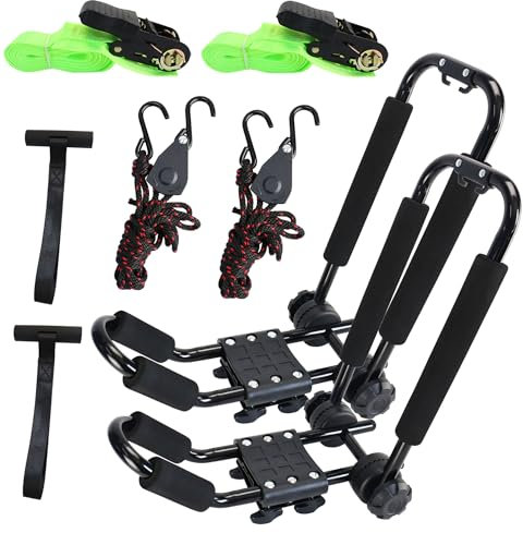 Premium Folding Kayak Rack J-Bar Car Roof Rack for Canoe Carrier SUP Paddle Surfboard Mount on Car SUV and Truck Crossbar, Includes 2 pcs 10Ft S-Hook Rated Ratchet Pulleys Straps Ratchet Strap(1 Pair