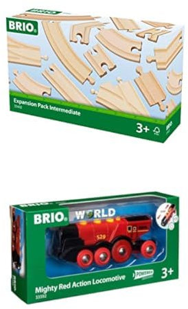 BRIO Bahn 33402 - Mittleres Schienensortiment & World 33592 Rote Lola elektrische Lok – Batterie-Lokomotive mit Licht & Sound – Kleinkinderspielzeug empfohlen ab 3 Jahren