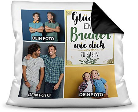 PR Print Royal Kissen mit Füllung - Fotocollage selbst gestalten mit Spruch für Bruder - GLÜCK - mit DREI eigenen Fotos - Geschenkidee Fotokissen - Farbkissen Rückseite Schwarz