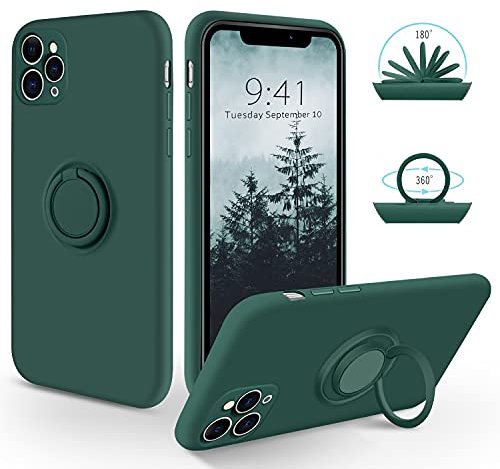 SouliGo iPhone 11 Pro Max Case Silicone Gel 360° Ring Holder Kickstand for Magnetic Car Mount Slim Soft Rubber Anti-Scratch Protective Shockproof Phone Cases for iPhone 11 Max 6.5 - Midnight Green