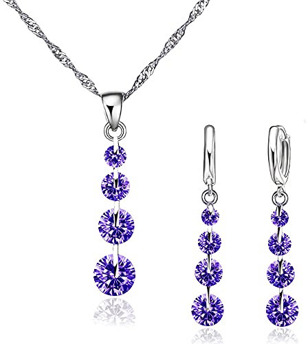 Crystalina Schmuckset aus 925er Silber für Damen, Halskette und Ohrringe mit Zirkonia, Geschenk für Damen (Violett)