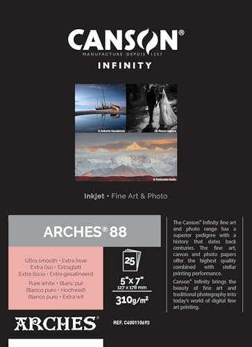 Canson Infinity Arches 88 Tintenstrahlpapier, ultraglatt, reinweiß, matt, 310 g/m², 12,7 x 17,8 cm, 25 Blatt