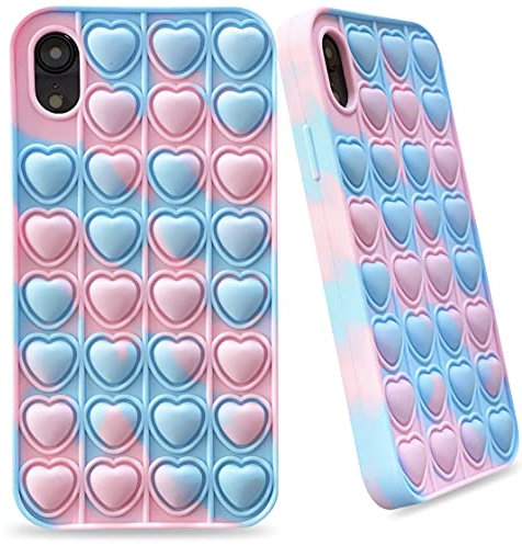 Pop iPhone XR Case, Poppet Fidget Silicone Phone Case, Girls Hearts Shockproof Anti-Anxiety Stress Reliever Sensory Toy (Pink & Blue)