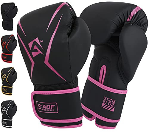 AQF Gants De Boxe Pour Homme & Femme, Enfant - Sac De Frappe Cuir, MMA, Pao, Arts Martiaux - Extra Rembourrage 4-16 Oz (10 oz, Rose)