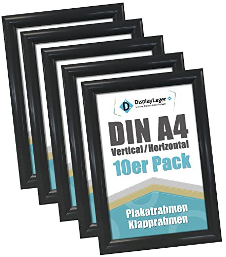 DisplayLager 10'er Sparpack Schwarz DIN A4 Klapprahmen mit 25mm Aluminium Profil, Entspiegelter Schutzscheibe, Befestigungsmaterial