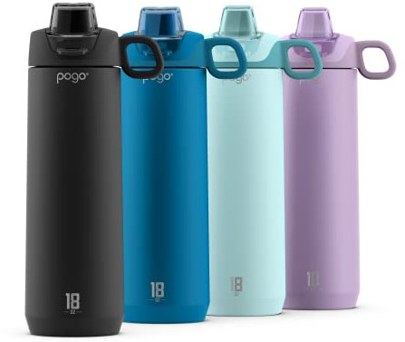 Pogo Active vakuumisolierte Edelstahl-Wasserflasche mit auslaufsicherem Deckel und Silikon-Trageschlaufe, Pulverbeschichtung, Schwarz, 510 ml