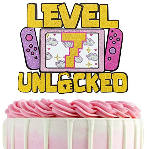 Girls Level 7 Unlocked Cake Topper, Glitter Girls Gaming 7th Birthday Cake Topper, Video Game Theme Party Decoration, Girl Gamer Birthday Favor