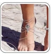 TseenYi Barfußsandalen Strand Fußkettchen Boho Beaded Multi Chain Beach Tassels Fußkettchen Hollow Out Türkis Dangle Fußkettchen Mode Fußschmuck Für Frauen Und Mädchen (Silber 1 Stück)