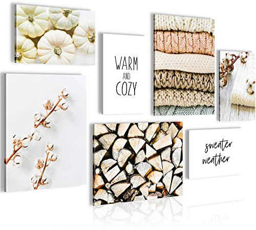 Novart Wandbilder Boho Herbst - KOMPLETT AUFHÄNGFERTIG - Beige Vintage Wohnzimmer Schlafzimmer Flur - 7 Moderne Mood-Bilder - N008171a