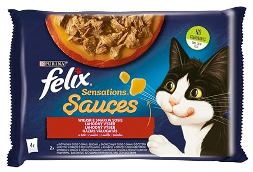Nestle Polska Felix Sasz Nassfutter für Katzen, 4 x 85 g, Empfindungen, ländliche Aromen in Sosie, 12
