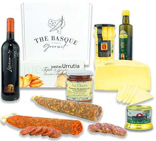 THE BASQUE gourmet- Cesta para Regalar - Lote Delicatessen de Productos de Euskal Herria - Queso Idiazabal, Pate, Chorizo, Espárragos de Navarra, Pimientos del Piquillo