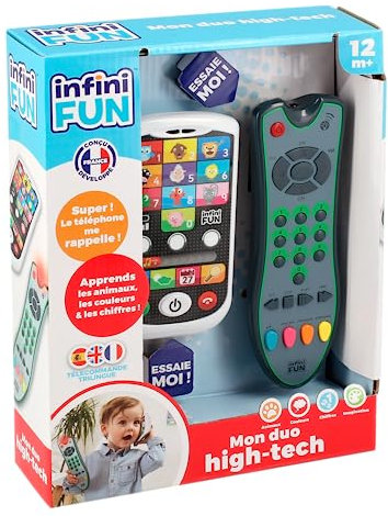 Infini Fun Mein Duo High-Tech Telefon + Fernbedienung – 1 dreisprachige Fernbedienung Französisch/Englisch/Spanisch & 1 Ultra-realistisches Telefon. – Spielzeug für mehrere Lernaktivitäten ab 12
