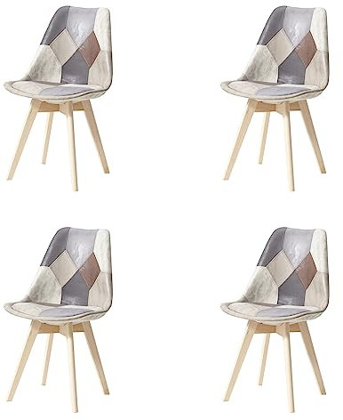 HJhomeheart Lot de 4 Chaises de Salle à Manger en Tissu Patchwork avec Coussin d'assise Amovible et Pieds en Bois Massif pour Salle à Manger, Salon, Cuisine, etc. (Patchwork Brun Clair)